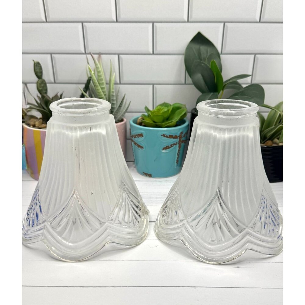 Pair Of Vintage Replacement Shades Frosted With Clear Glass Boarder